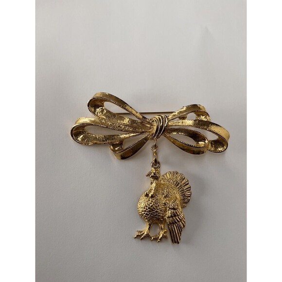 Phister Ent 96s Signed Bow Pin Turkey Charms Thanksgiving Brooch Unisex Adult 3" - Picture 9 of 11